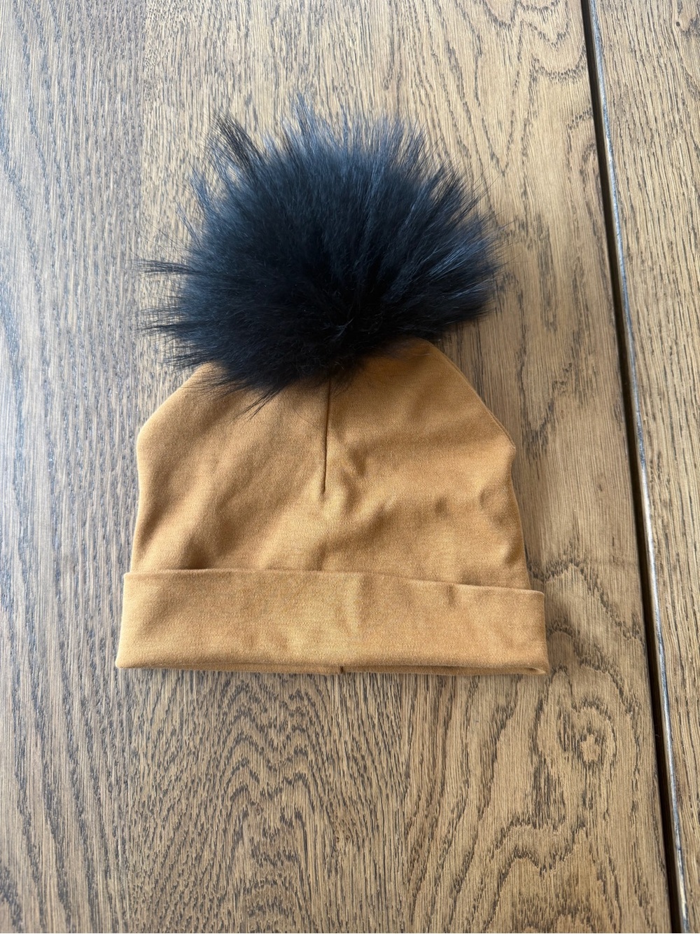 Mustard Brown Beanie with Black Faux Fur Pom for kids